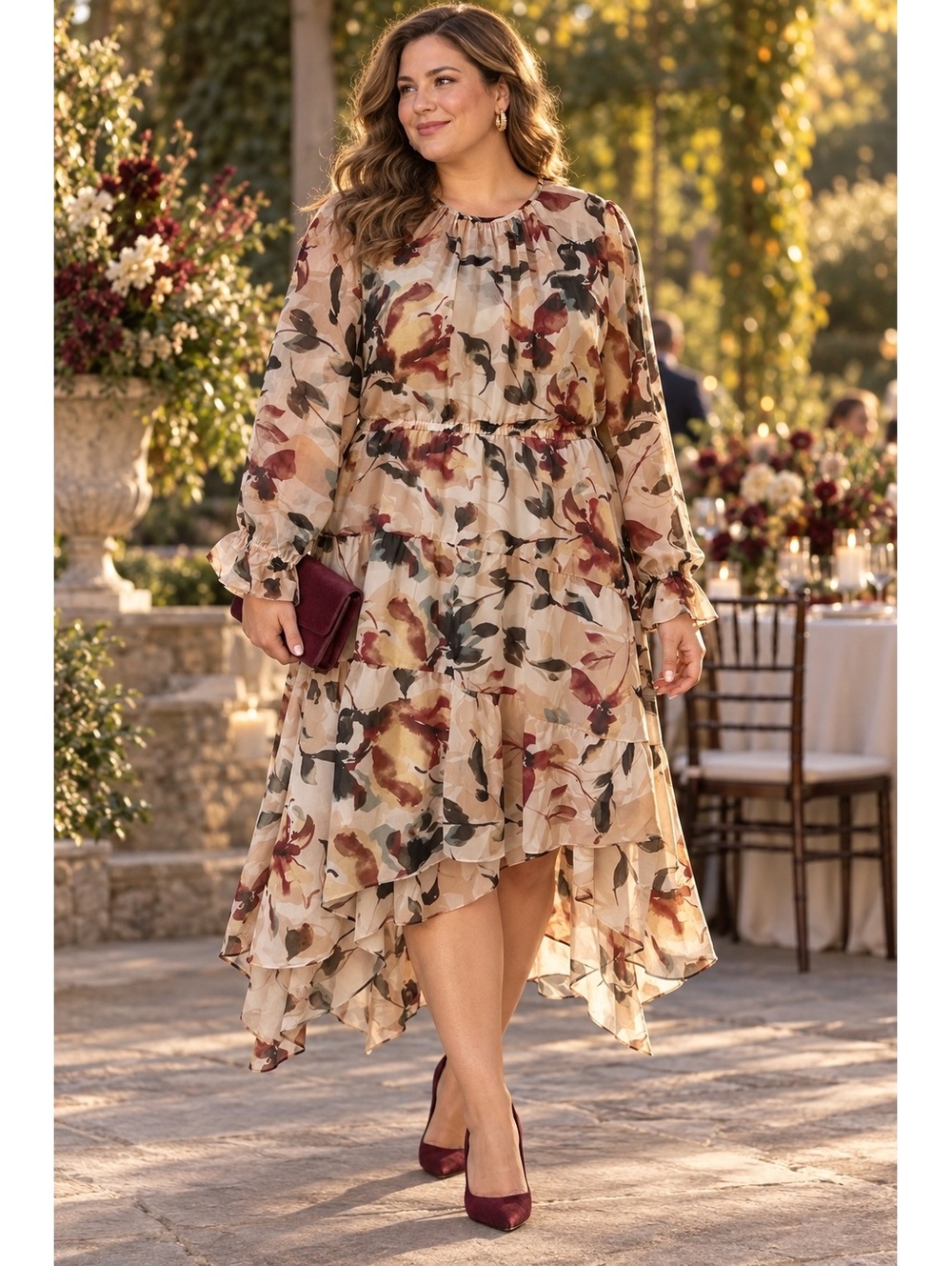 Maggy London Beige Floral High-Low Long Sleeve Dress Size 18